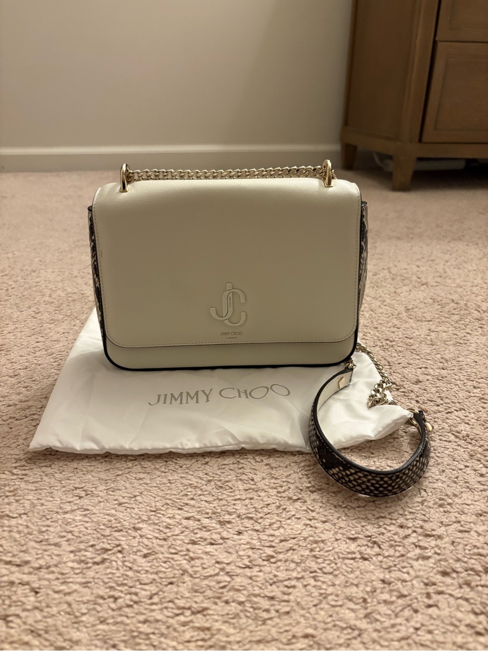 Jimmy Choo white and snake skin bag